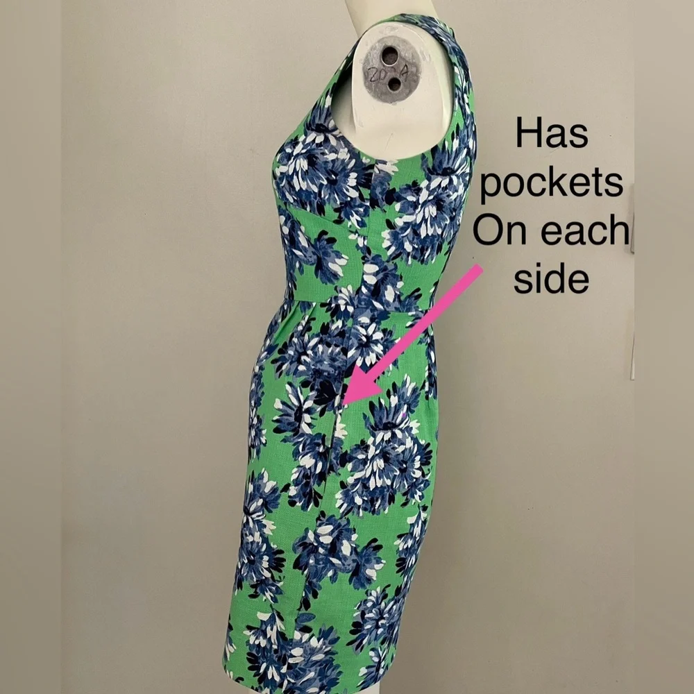 J.Crew Floral Sleeveless Sheath Dress in Textured Cotton -‎ Green/Blue - Size 0